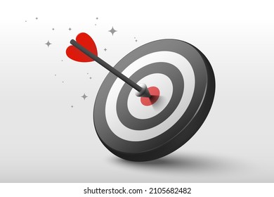 3d Red dart hit to center of dartboard. Arrow on bullseye in target. Business success, investment goal, opportunity challenge, aim strategy, achievement focus concept. 3d realistic vector illustration