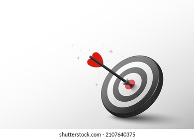 3d Red dart hit to center of dartboard. Arrow on bullseye in target. Business success, investment goal, opportunity challenge, aim strategy, achievement focus concept. 3d realistic vector illustration