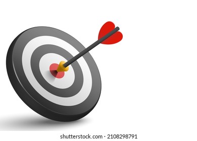 3d Red dart hit to center of dartboard. Arrow on bullseye in target. Business success, investment goal, opportunity challenge, aim strategy, achievement focus concept. 3d realistic vector illustration