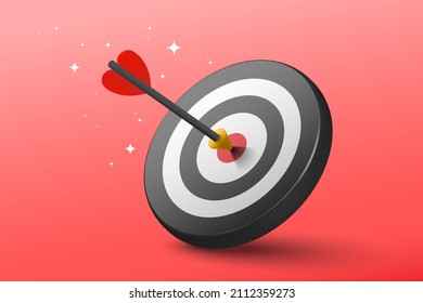 3d Red dart hit to center of dartboard. Arrow on bullseye in target. Business success, investment goal, opportunity challenge, aim strategy, achievement focus concept. 3d realistic vector illustration