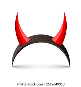 3d red devil horns on black headband, devilish scary monster decor vector illustration. Realistic infernal fantasy tiara for hair with shadow, demon hoop for carnival isolated on white background
