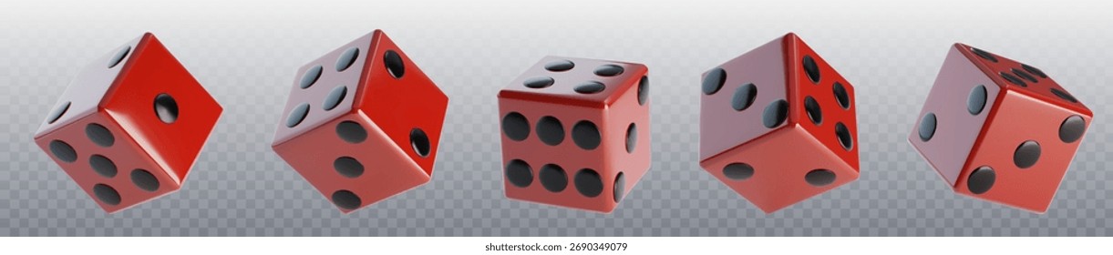 Dados rojos 3D con puntos negros para juegos de casino: cubos brillantes que muestran diferentes números y ángulos sobre fondo transparente. Piezas de juego en varias posiciones. Juego de Tablero o Elementos de probabilidad.