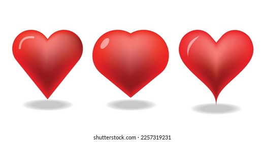 3d red dimensional heart vector icons with shadows, love symbols, collections.
