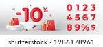 3D Red Discount numbers on podium with shopping bag and gift box vector. Price off tag design collection. 0, 1, 2, 3, 4, 5, 6, 7, 8, 9, percent and dollar illustration.
