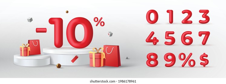 3D Red Discount numbers on podium with shopping bag and gift box vector. Price off tag design collection. 0, 1, 2, 3, 4, 5, 6, 7, 8, 9, percent and dollar illustration. - Shutterstock ID 1986178961