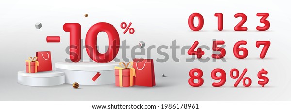3D Red Discount\
numbers on podium with shopping bag and gift box vector. Price off\
tag design collection. 0, 1, 2, 3, 4, 5, 6, 7, 8, 9, percent and\
dollar illustration.