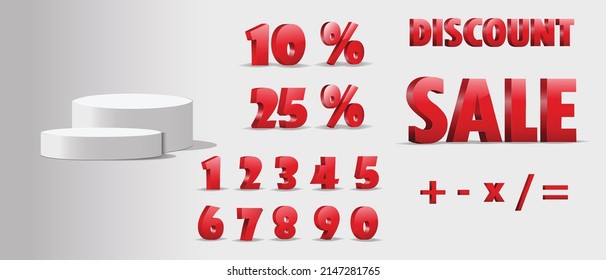 3D Red Discount numbers with podium vector. 0, 1, 2, 3, 4, 5, 6, 7, 8, 9, percent, +, -, x, = and sale   illustration.