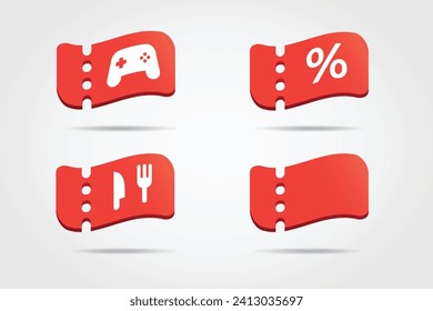  3d red discount voucher gaming, food drink and sale off promo icon set collection