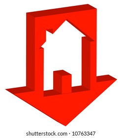 3D Red Down Arrow With House Inside - Crashing Housing Market - Vector