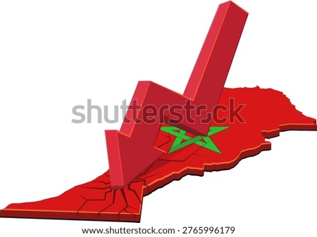 3D red downward arrow crashing into the flag map of Morocco, representing national economic failure, financial crisis, and social instability (cut out)