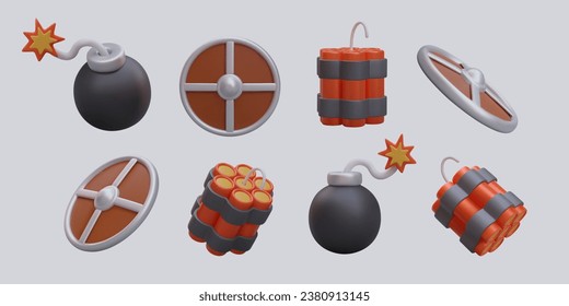 3d red dynamite and black bomb. Collection of detonating devices in different positions and shield for protection. Elements of explosive weapons for computer game. Vector illustration