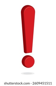 3d Red exclamation - caution icon vector design template. Red 3d exclamation warning sign, attention, alert symbol isolated on a white background.