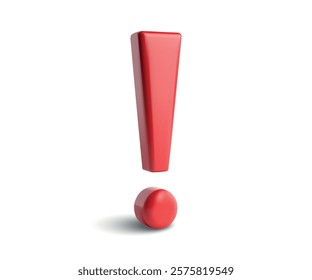 A 3D red exclamation mark with a glossy finish isolated on a white background