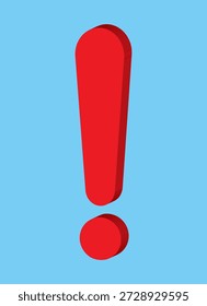 3D red exclamation mark icon. Isometric view of punctuation symbol. Vector design for stop, danger, and important notification concepts isolated on blue.