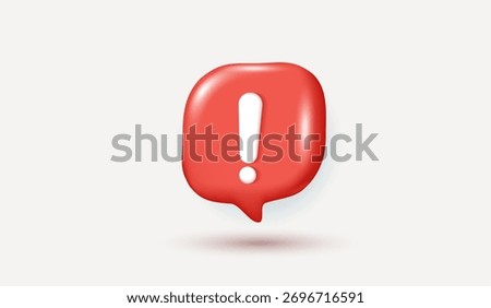 3D red exclamation mark icon in speech bubble shape, alert symbol design, attention warning concept, isolated on white background, modern minimal style. vector design.