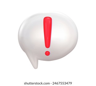 3d red exclamation mark on dialogue balloon. Alert or error sign 3d vector render. Exclamation icon mark red color on white bubble