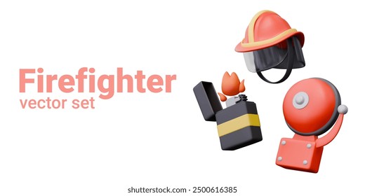 3D red fire alarm bell, safety helmet with shield, lighter with flame