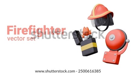 3D red fire alarm bell, safety helmet with shield, lighter with flame