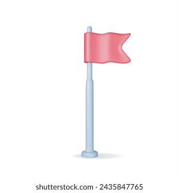 3D Red Flag on Metal Flagpole Isolated. Render Clean Horizontal Waving Flag. Concept of Victory and Success. Goal and Achievement. Realistic Vector Illustration