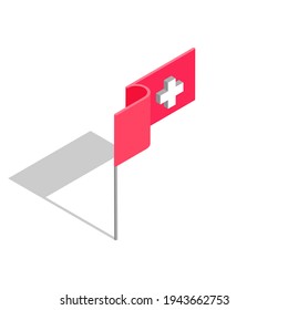 3d red flag with white cross. Healhcare symbol. Vector illustration in isometric style. Isolated on white background