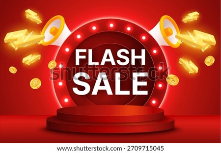 3d red flash sale promo banner with glowing marquee circle, megaphones, lightning icons, and floating coins on a podium stage.