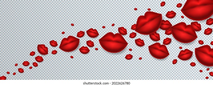 3D Red flying girl lips isolated on transparent background. Beautiful romantic decorations for Valentine's day border or frame design for banner, poster, placard. Vector illustration.