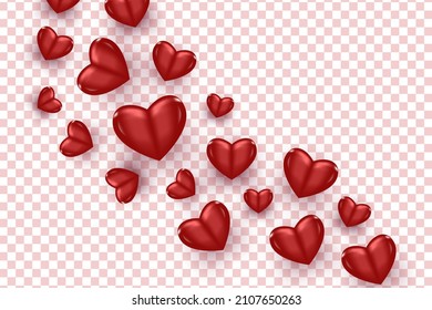 Corazones rojos voladores 3D aislados de fondo transparente. Ilustración Realista Del Corazón Rojo. Fondo de San Valentín para fondos de escritorio, volantes, invitación, carteles, folleto, pancarta o postal