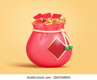 3d red fortune bag full of red envelopes and gold coins. Concept of lucky money