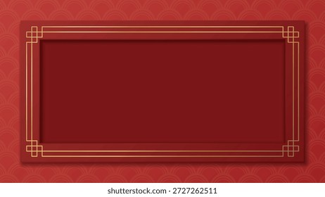 Marco rojo 3D con estilo chino a rayas doradas sobre fondo rojo. Tarjeta de felicitación del año Nuevo chino Plantilla Horizontal tiene espacio en blanco.