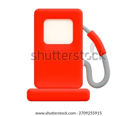 3d red gas pump station with petrol pipe. Cartoon minimal style. Stock vector illustration on isolated background.