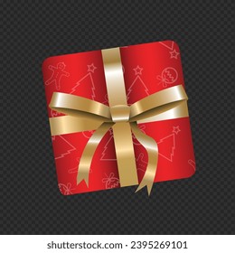 3D red gift box isolated on transparent background. Christmas and holiday design element with gold and satin ribbon bow. Christmas 3d style Product podium scene with flying falling red gift box