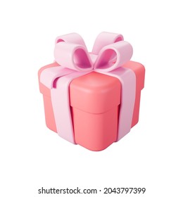 3d red gift box with pastel ribbon bow isolated on a white background. 3d render flying modern holiday surprise box. Realistic vector icon for present, birthday or wedding banners