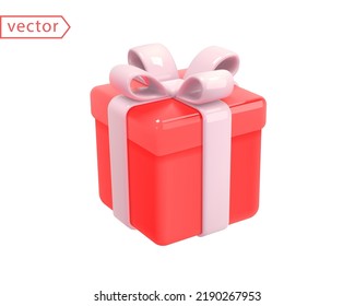 3D Red Gift Box with ribbon bow isolated on transparent background. 3d render of a figurine of modern holiday surprise box. Realistic vector icon for holiday present, birthday or wedding banners