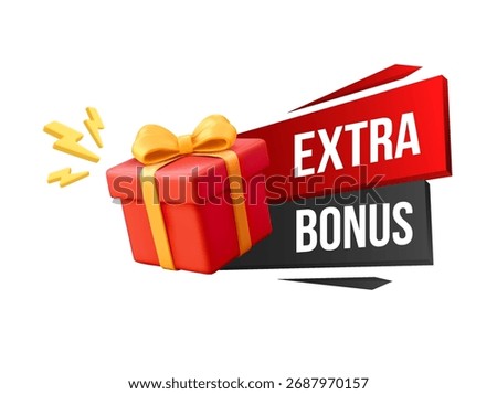 3D red gift box with a yellow ribbon and bow beside a bold EXTRA BONUS banner in red and black, representing promotions, rewards, and special offers. 3d vector illustration