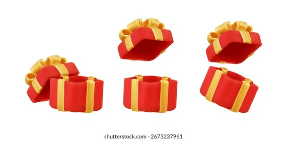 Cajas de regalo rojas 3D con cintas doradas aisladas sobre fondo blanco como conjunto festivo para vacaciones, bonificación y diseño de promoción
