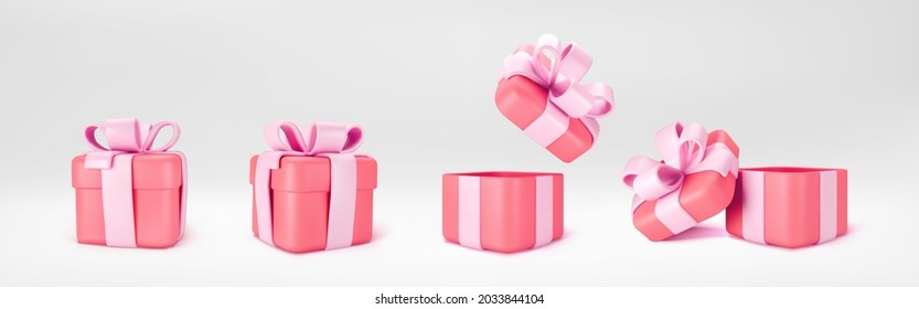 3d red gift boxes open and closed standing on the floor with pink pastel ribbon bow isolated on a light background. 3d render modern holiday surprise box. Realistic vector icons - Shutterstock ID 2033844104