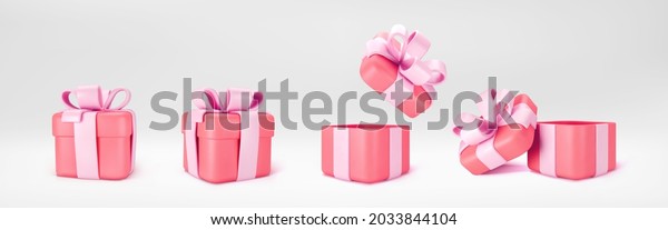 3d red gift\
boxes open and closed standing on the floor with pink pastel ribbon\
bow isolated on a light background. 3d render modern holiday\
surprise box. Realistic vector\
icons