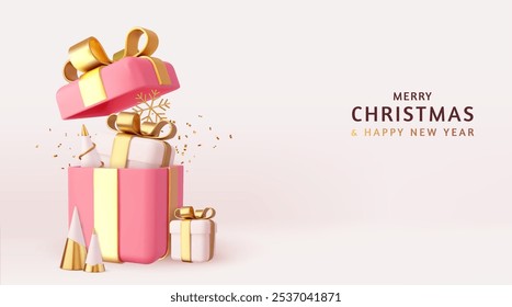 3d red gifts boxes. Open gift box. New Year and Christmas design. Holiday banner, poster, flyer, stylish brochure, greeting card, Xmas background. 3d rendering. Vector illustration