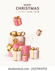 3d red gifts boxes. Open gift box. New Year and Christmas design. Holiday banner, poster, flyer, stylish brochure, greeting card, Xmas background. 3d rendering. Vector illustration