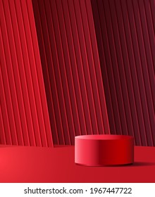 3d Red Glamour Podium for Product Display Perfume, Cosmetic, Skin and Hair Care, Beauty. Cylinder Red Podium in Red Background. Realistic Vector