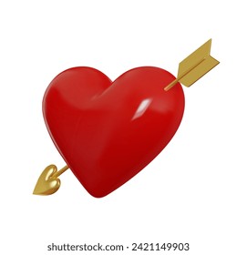 3D red glossy heart with golden arrow. Symbol of love. Valentines day card. Realistic 3d isolated on white background. Vector illustration