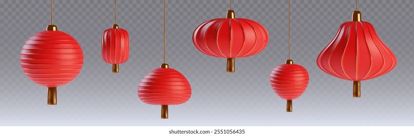 3d red and gold chinese lantern new year vector. Festival asian element with golden tassel hanging icon. Chinatown oriental symbol for decoration and celebration illustration set. Holiday render