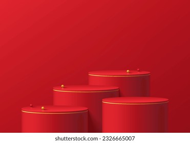 3D Red and gold cylinder pedestal podium background with sphere ball beads in chinese new year theme. Minimal wall scene mockup product showcase, Banner promotion display. Abstract geometric platform.