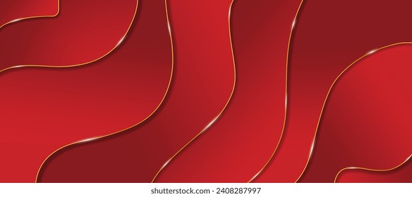 3D Red and Gold Paper cut wave shapes with golden lines. Beautiful layered origami style design background. Abstract paper cut-out waves. Vector Illustration. EPS 10