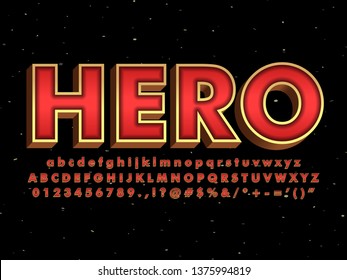 3d Red And Gold Super Hero Font With Metallic Gold Effect, Dark Red Metallic And Gold Outline, 3d Extrude Font For Poster Element Design.