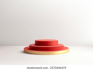 3d red and gold three tiered podium on white background, chinese new year product displays, mockups, and showcases. Stunning blend of tradition, modernity, and festive elegance.