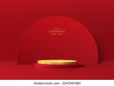 3D red, golden cylinder pedestal podium with semi circle scene backdrop. Minimal wall scene products showcase, Promotion display. Abstract geometric forms. Happy lantern day concept. Chinese new year.