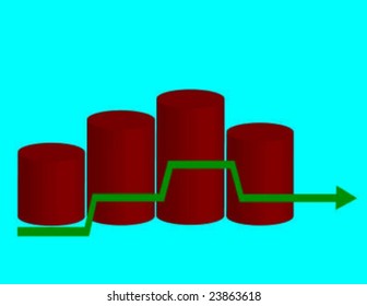 3d red graphic with  green arrow across blue background