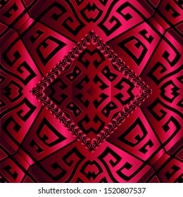 3d red greek key meanders vector seamless pattern. Geometric ornamental textured background. Abstract surface greek ornament. Rhombus frame with wave lines, shapes. Ornate shiny silk texture.
