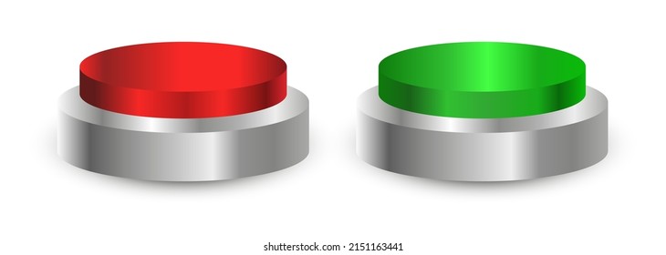 3D red and green circular push button icon with metal frame. On off illustration vector symbol. front perspective view.